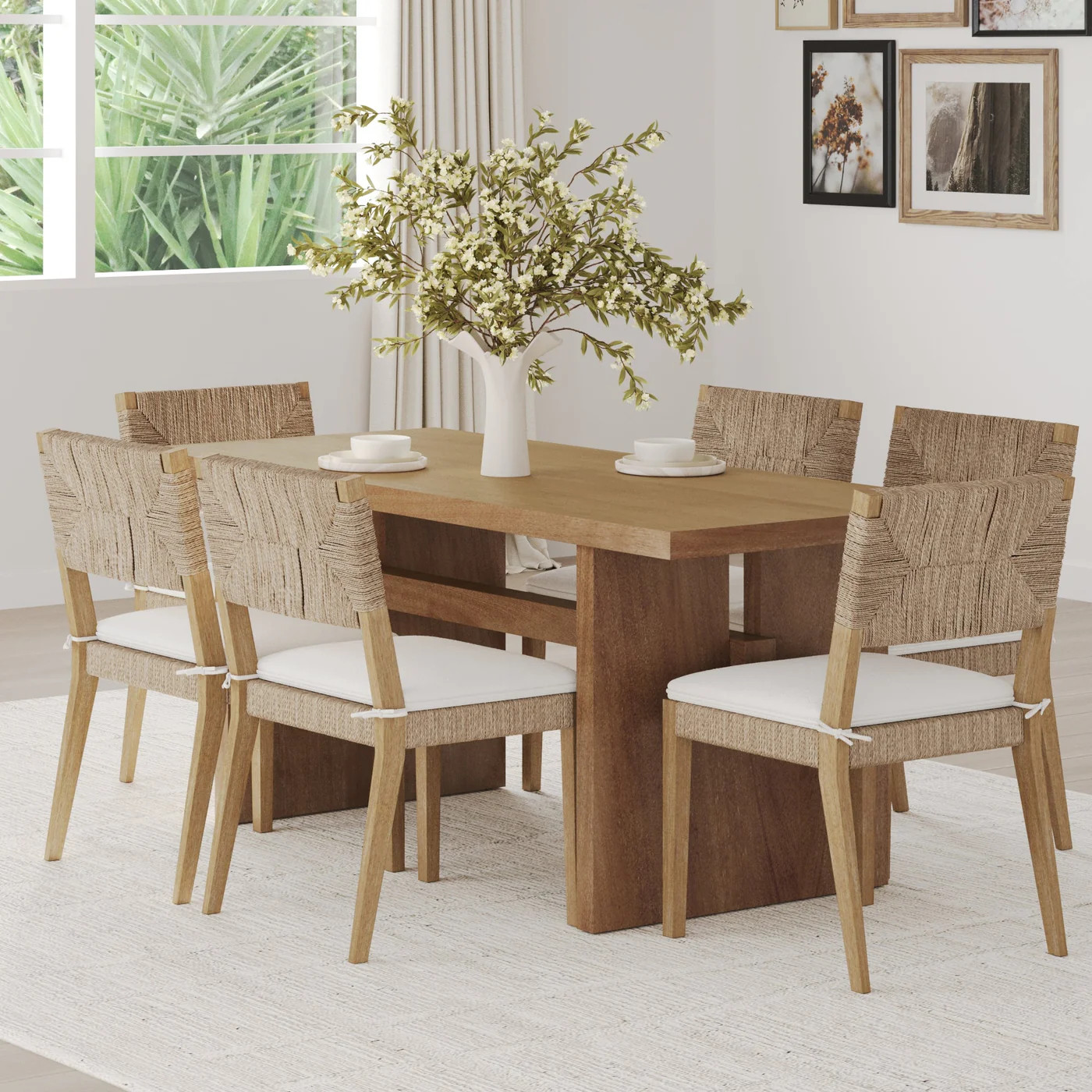 Boucle & Seagrass Dining Chair Light Brown (Set of 6) | Nathan James