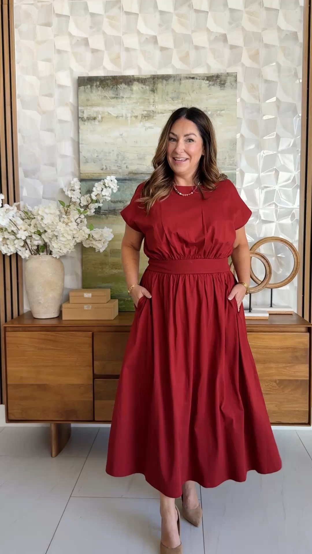 ❤️ The color alone sold me. Dolman sleeves, a wide banded waist, and a full skirt that swishes when you walk — with pockets. Suede pumps and a cognac bag make it dressy enough for work or back to school events 

Dress size large  • Shoes tts 
@loft

#LTKmomlife #LTKMidsize #LTKOver40