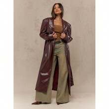 Faux Leather Back Slit Thick Belted Longline Long Sleeve Trench Coat With Side Pockets | SHEIN