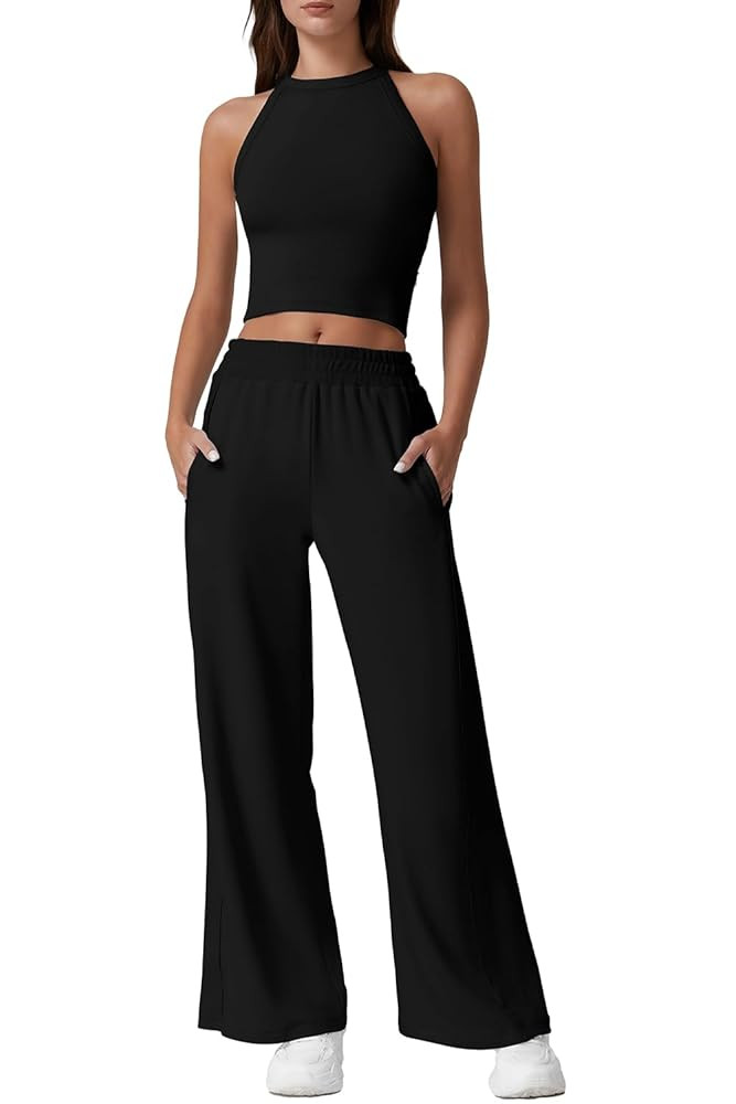 QINSEN Women's 2 Piece Sets Summer Ribbed Knit Crop Tank Tops Wide Leg Pants Sleeveless Tracksuit | Amazon (US)