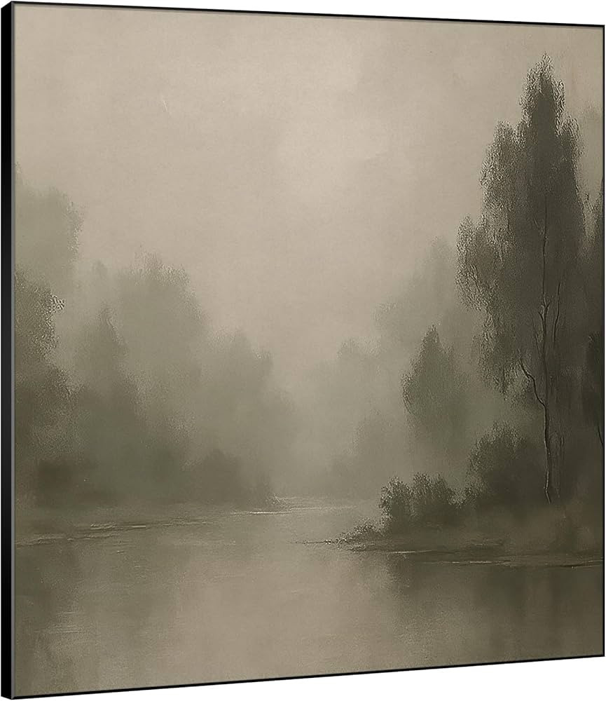 SIGNWIN 46"x46" Extra Large Framed Wall Art Misty River Landscape in Soft Gray Tones Illustration... | Amazon (US)