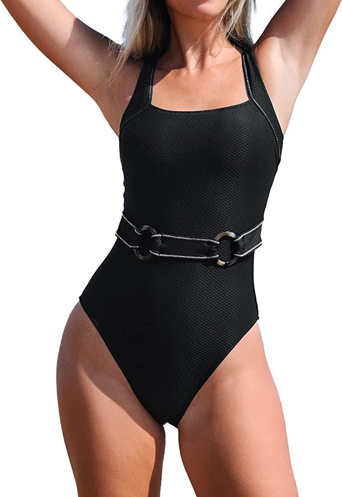 CUPSHE Women's One Piece Swimsuit Square Neck Adjustable Wide Straps with O-Ring Belt Textured Bathi | Amazon (US)