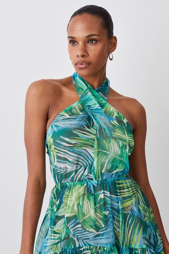 Petite Tropical Printed Halter Woven Beach Maxi Dress | Karen Millen US