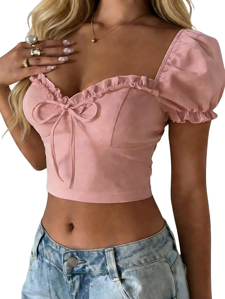 Verdusa Women's Babydoll Tops Puff Sleeve Sweetheart Neckline Top Crop Top | Amazon (US)