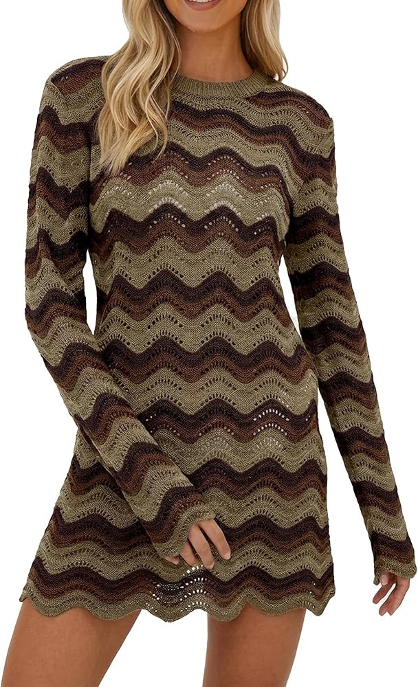 Women's Crochet Colorful Mesh Summer Long Sleeve Cover Ups Casual Striped Beach Wear Knit Mini Dr... | Amazon (US)