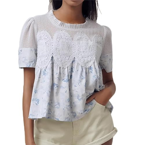 VAOYIU Women Lace-Detail Flared Blouse Short-Sleeve Crew Neck Lace Poplin Mesh Swing Top Elegant Loose Intricate Back Design(Blueprint-Large) | Amazon (US)