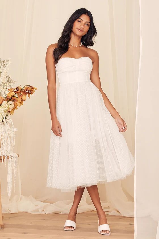 All This Love White Dotted Mesh Strapless Midi Dress | Lulus (US)