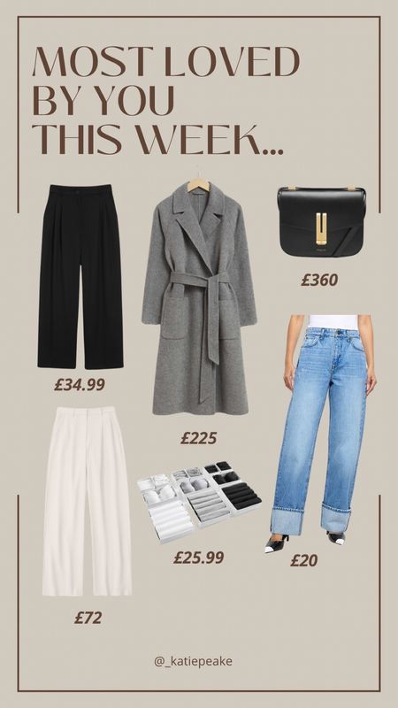 Most loved by you this week 🫶🏻

Black trousers, white trousers, grey coat, wool coat, wrap coat, cross body bag, Demellier bag, turn up jeans, organisation cubes, tailored trousers

#LTKstyletip #LTKfindsunder50 #LTKMostLoved