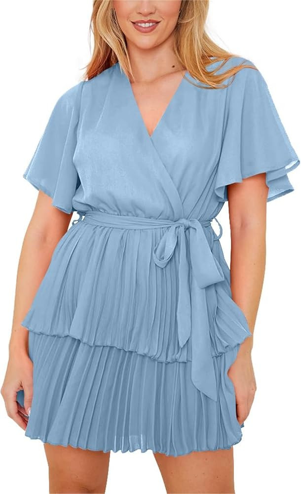 MASCOMODA Womens Casual Wrap V Neck Pleated Mini Dress Short Sleeve Solid Tie Waist Party Short S... | Amazon (US)