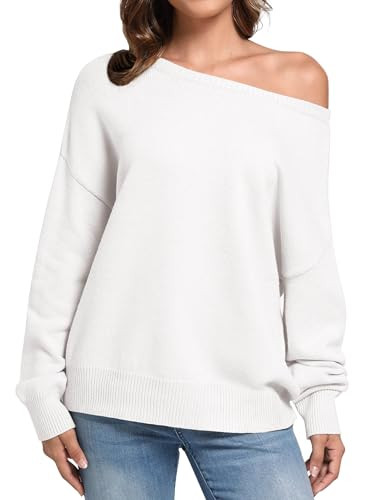 Ugerlov Women's Off Shoulder Sweater Casual Long Sleeve Oversized Sweaters 2024 Fall Pullover Knit Jumper White L/XL | Amazon (US)