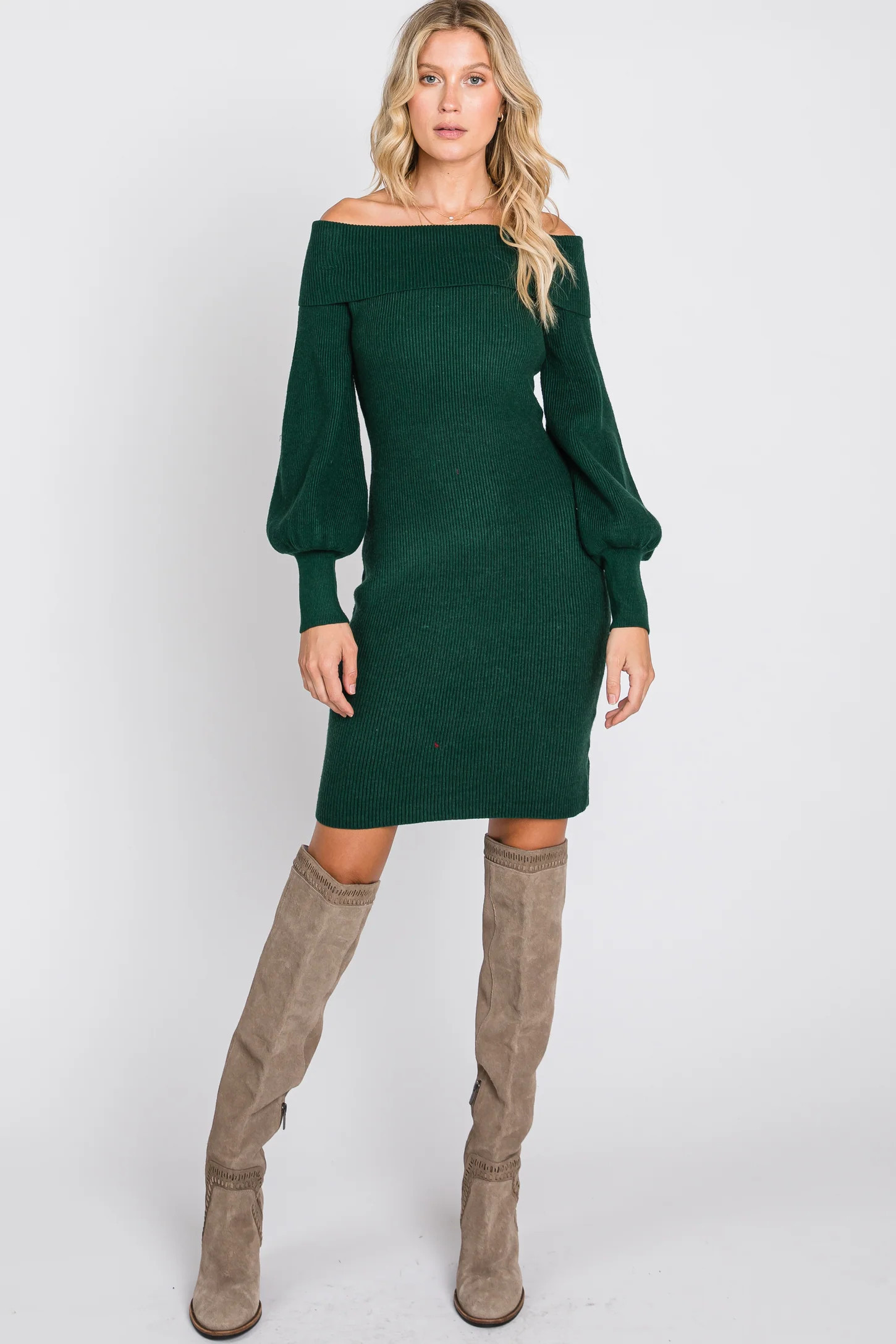 Forest Green Off Shoulder Bubble Sleeve Sweater Dress | PinkBlush Maternity