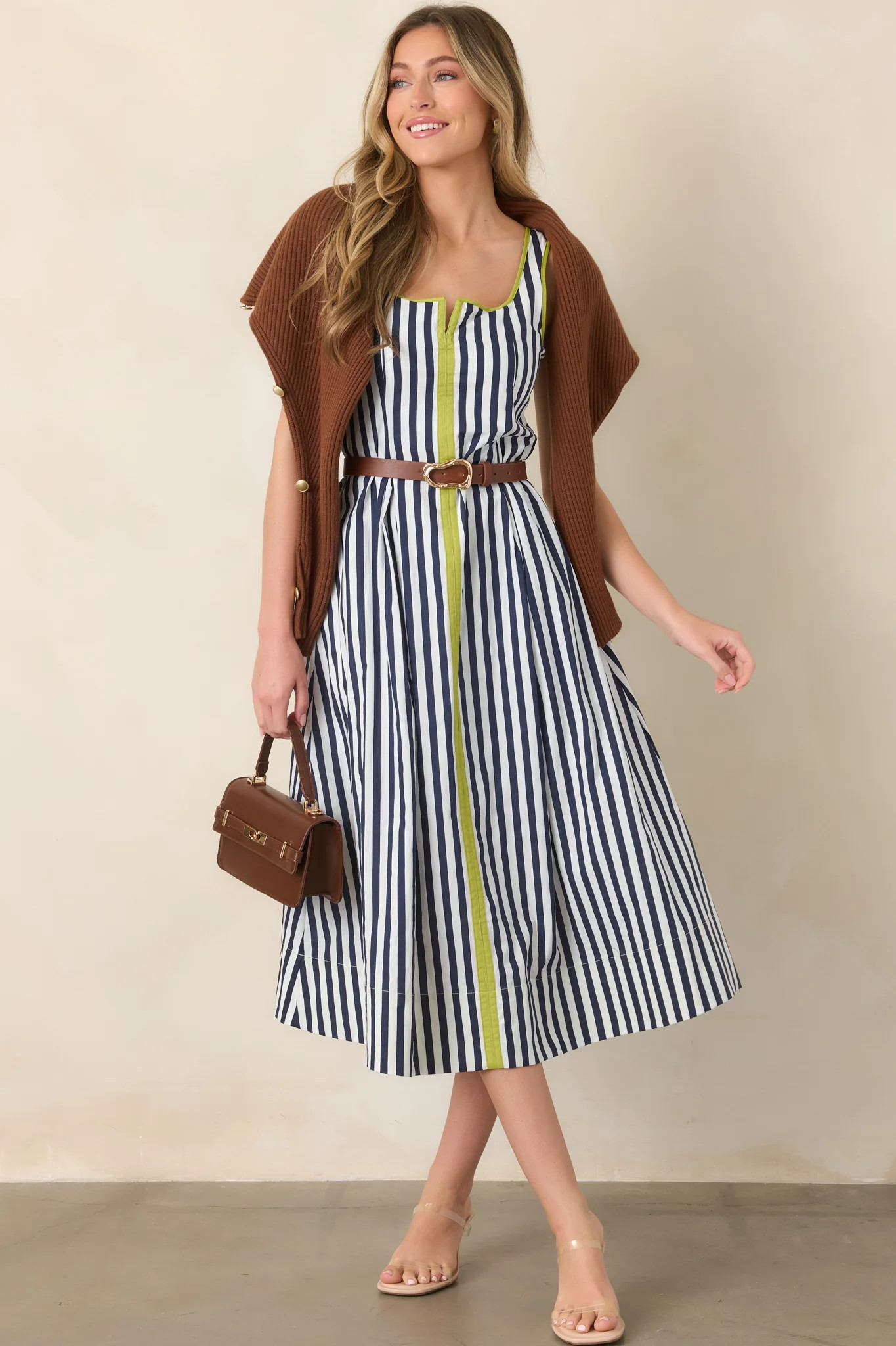 All Smiles Navy & Chartreuse Stripe Cotton Midi Dress | Red Dress