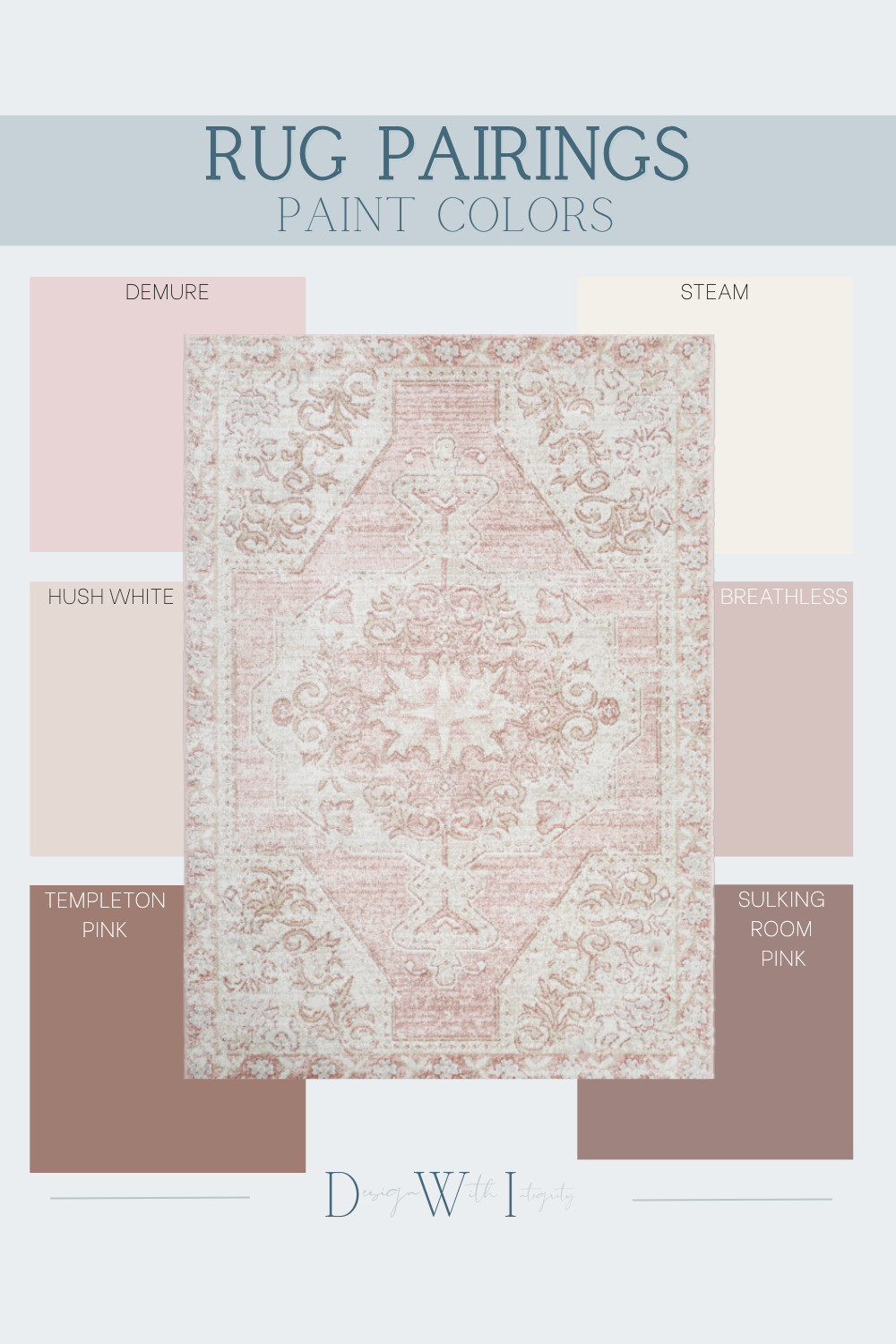 Finding the perfect wall color to pair with your rug can completely transform a space. This soft blush and neutral-toned rug pairs beautifully with paint colors like Templeton Pink, Sulking Room Pink, and Steam, creating a cozy yet refined palette that feels timeless and elegant.

Whether you’re designing a bedroom, entryway, or living room, these pairings bring warmth and sophistication to your home without overpowering the space.

Which color would you choose for your walls? Comment below and save this post for your next paint project.
Tap the link in bio or shop the look on LTK for this rug and paint color inspiration.


#rugpairing #interiordesigninspo #ltkhome #shopltk #shopthepost #homedecorinspo #beautifulhomes #designwithintegrity #paintcolorinspiration #affordablehomedecor #amazonhomefinds #interiorstyleguide #decortrends #moodboardinspiration #cozyhomevibes #homestylingideas #interiordesigntips #timelessdesign #homedesignideas #interiorinspiration #colorpaletteinspo #paintanddecor #interiordesignerlife #homecolortrends #aiinteriordesign 

 #LTKHome
