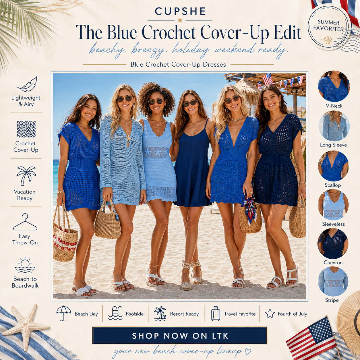 @Cupshe Summer | Blue Crochet Dress Swimsuit Coverups 

The blue crochet cover-up lineup that makes every swim look feel beachy, breezy, and instantly holiday-weekend ready. ☀️ 

These CUPSHE blue crochet cover-up dresses are perfect when you want something lightweight and easy to throw on over a swimsuit, but still cute enough to make the whole outfit feel styled. 

The crochet texture gives that elevated resort feel, the blue color story feels fresh and coastal, and the mix of V-neck, long sleeve, scallop, sleeveless, chevron, and stripe styles makes it easy to find the cover-up that fits your beach-day vibe.

This is the edit to check first for beach days, poolside lounging, Fourth of July weekend, lake trips, cruises, resort vacations, boardwalk walks, boat days, and beach-to-lunch outfits. 

It solves the “I need a cover-up that actually completes the swim look” problem — easy to pack, easy to rewear, and cute enough to take you from pool chair to beach bar without feeling underdressed.

I love that these feel festive without being too loud. 

The blue crochet gives that patriotic summer feel, but still looks polished, wearable, and vacation-ready long after the holiday weekend.

I pulled together the blue cover-up styles worth checking first so you can skip the scroll and go straight to the ones that feel the most flattering, versatile, and photo-ready.

📌 SAVE this for Fourth of July beach outfits, blue swimsuit cover-ups, and crochet dresses that make your swim look feel fully styled.

↓ Everything is linked!

#LTKSaleAlert #LTKSwim #LTKTravel