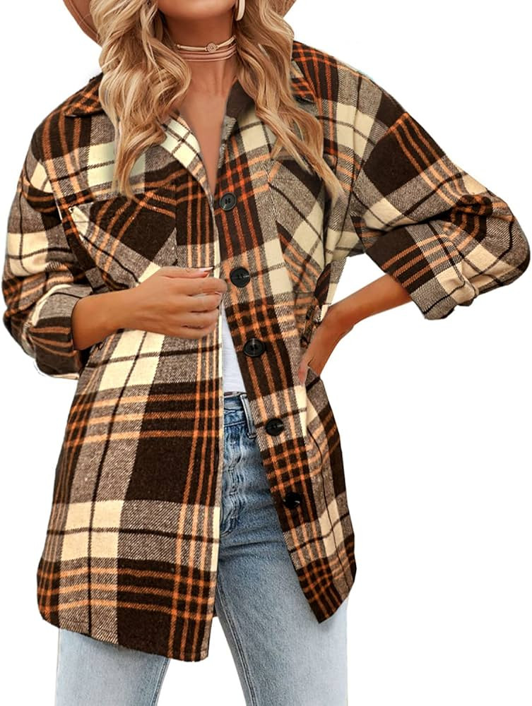 BTFBM Women's Long Sleeve Button Down Jackets Plaid Flannel Shirts Tops Casual Lapel V Neck Overs... | Amazon (US)