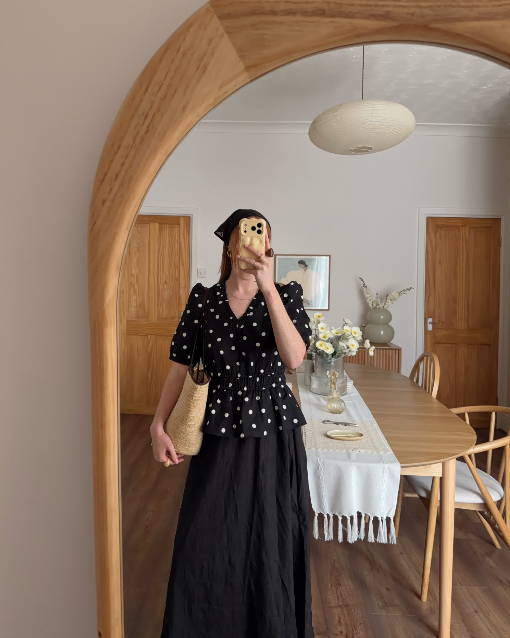 Headscarf, Bandana, Hair Scarf, Polka Dot, Albaray, Blouse, Midi Skirt, Black Skirt, Sezane, Basket Bag 

#LTKuk #LTKspring #LTKeurope