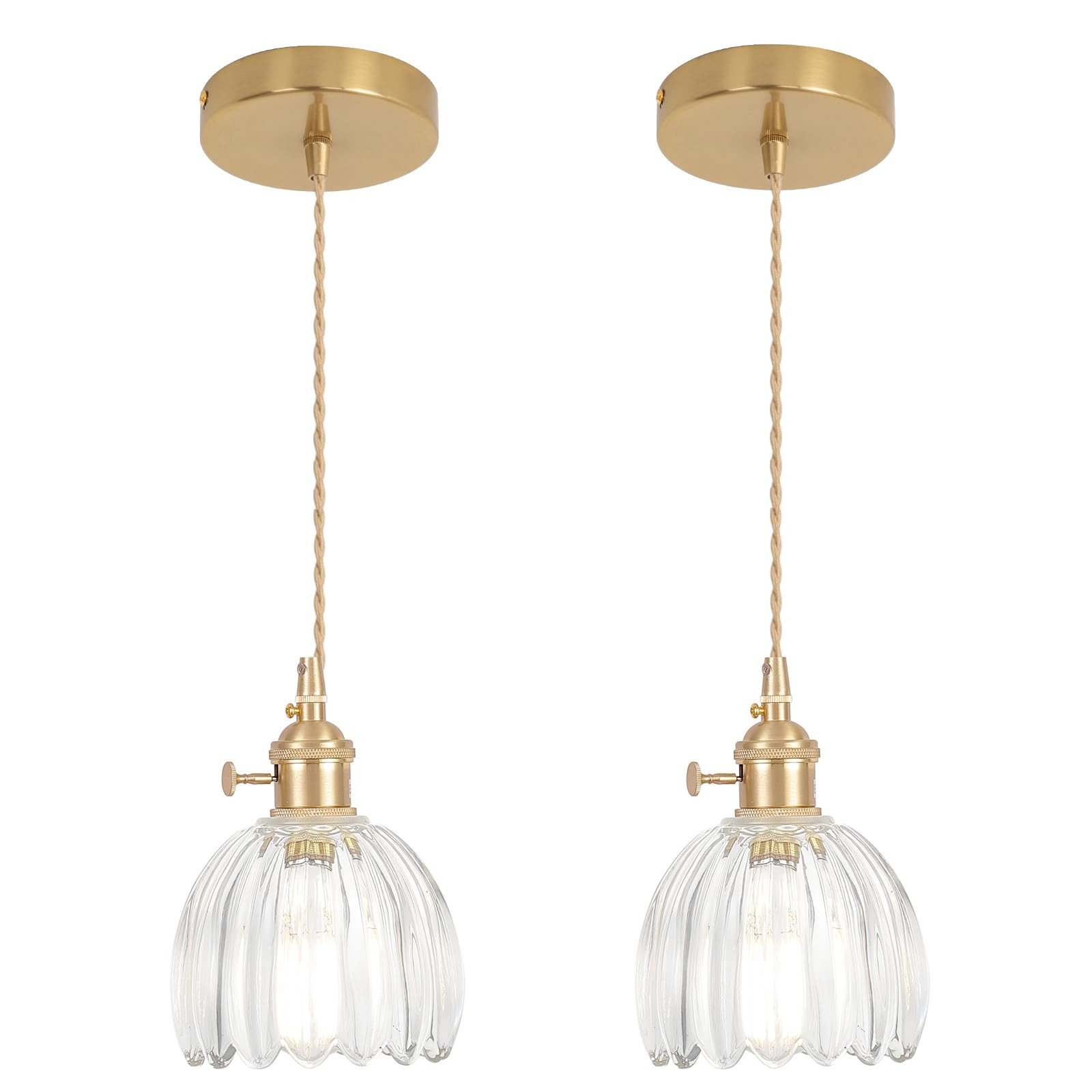 Mini Pendant Light 2 Pack with Clear Tulip Glass Lmapshade, Brass Vintage Pendant Light Adjustabl... | Amazon (US)