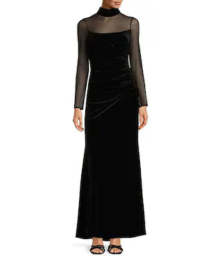 Eliza J Mock Neck Mesh Stretch Velvet Side Ruched Long Illusion Sleeve Keyhole Back Gown | Dillar... | Dillard's