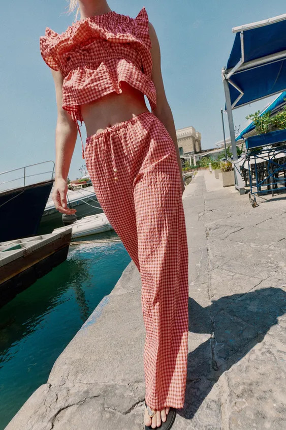 GINGHAM WIDE LEG PANTS | Zara US