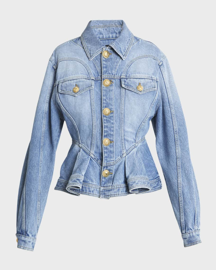 Peplum Denim Jacket with Gold-Tone Buttons | Neiman Marcus