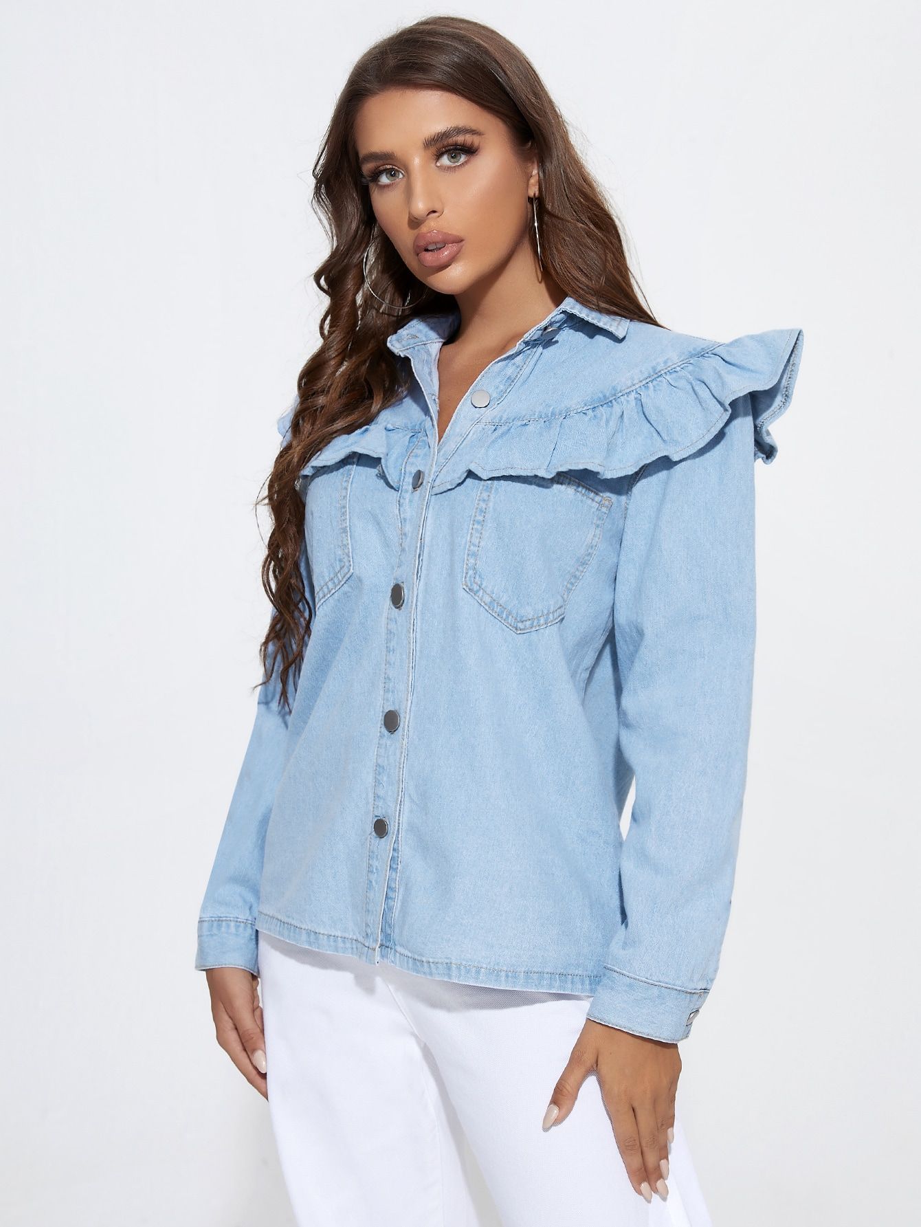 Ruffle Trim Patch Pocket Denim Blouse | SHEIN