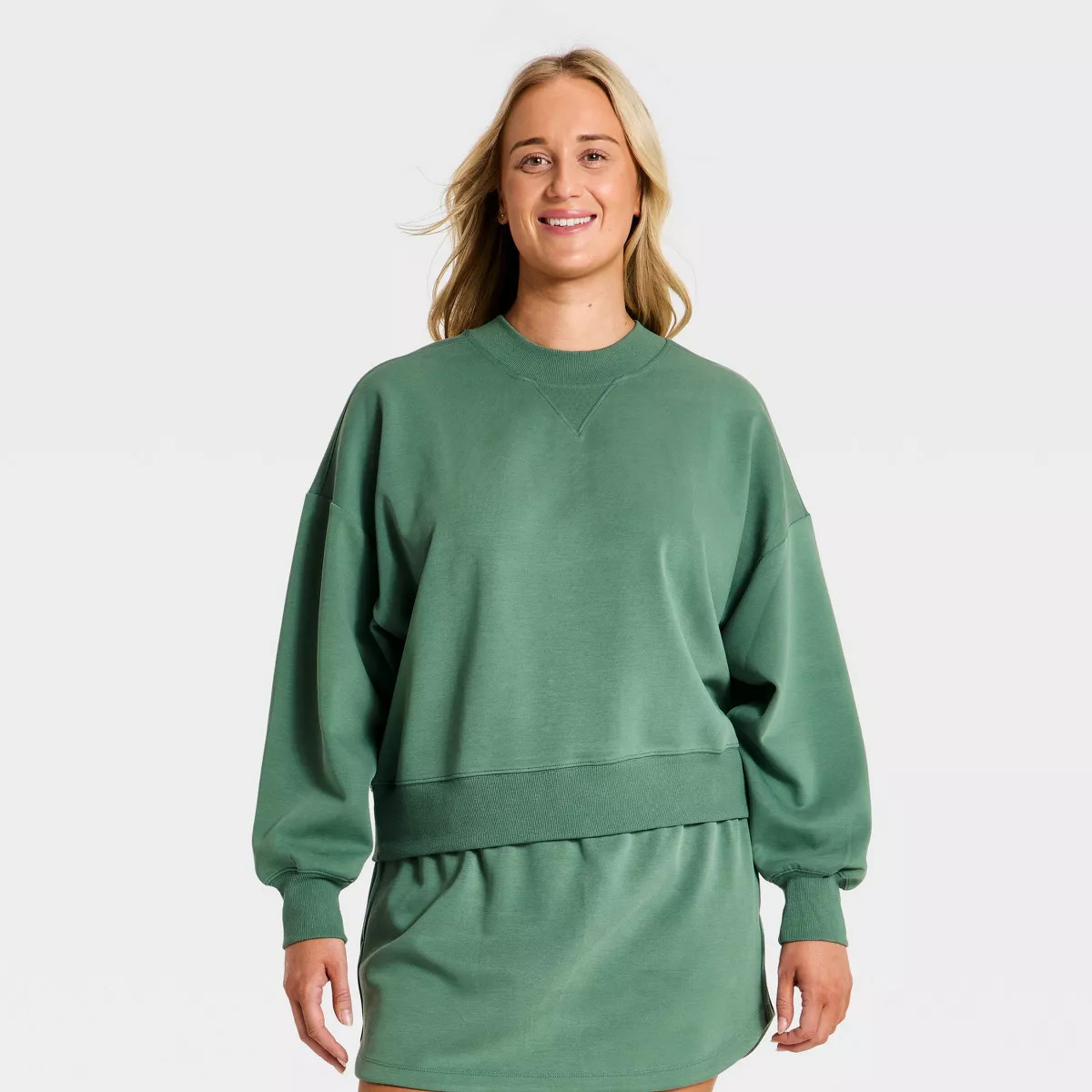 Women's Airy Sleek Pique Crewneck Sweatshirt - All In Motion\u2122 Dark Green M | Target