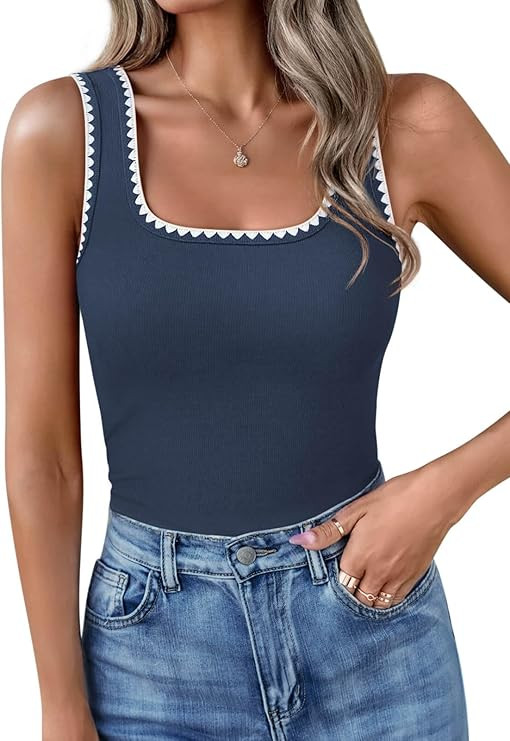 Yousify Square Neck Tank Tops for Women 2026 Summer Army Green Tank Top Woman Color Block Ribbed ... | Amazon (US)
