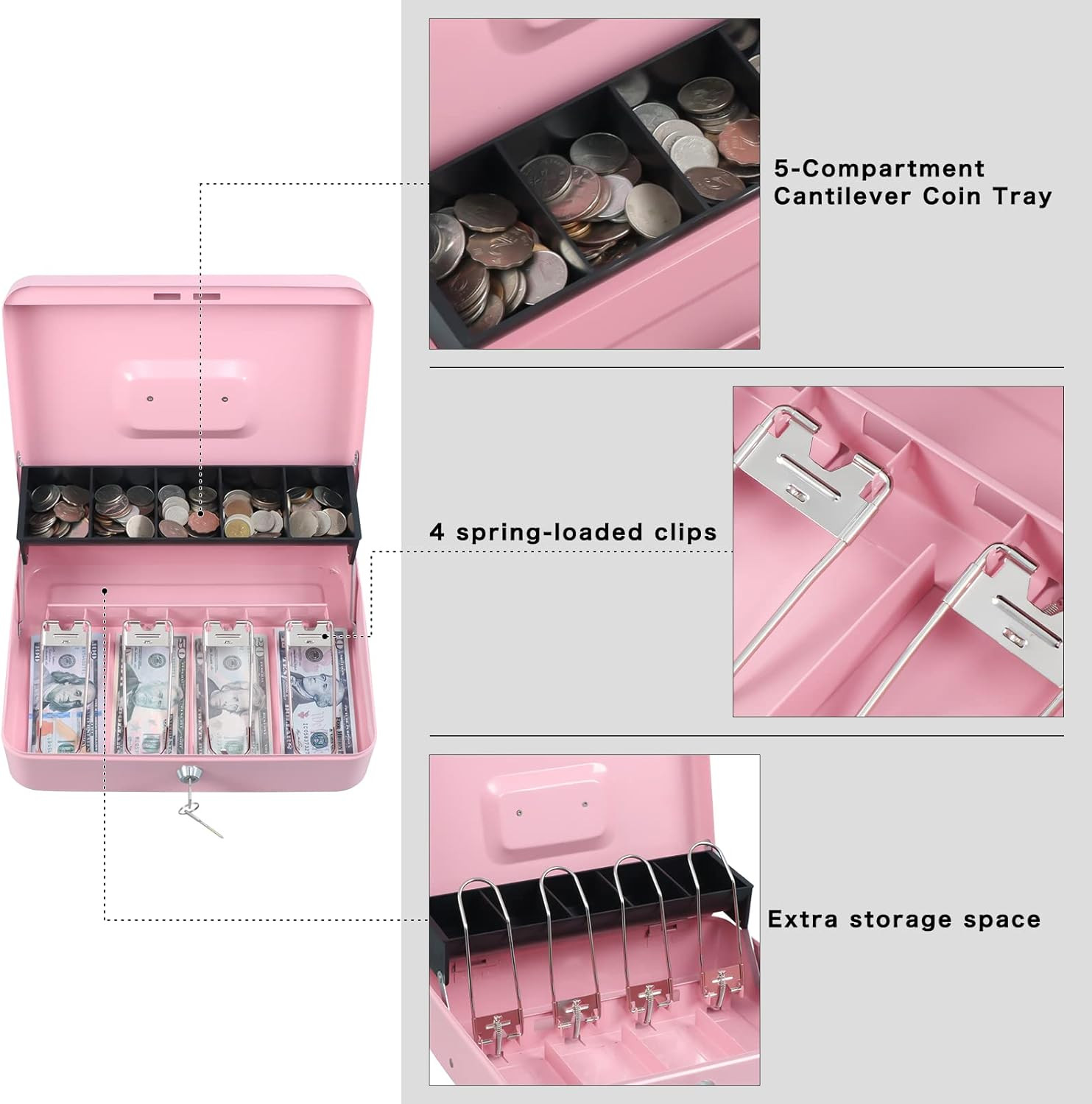 xydled Cash Box with Money Tray and Key Lock,Tiered, Cantilever Design,4 Bill / 5 Coin Slots,11.8... | Amazon (US)