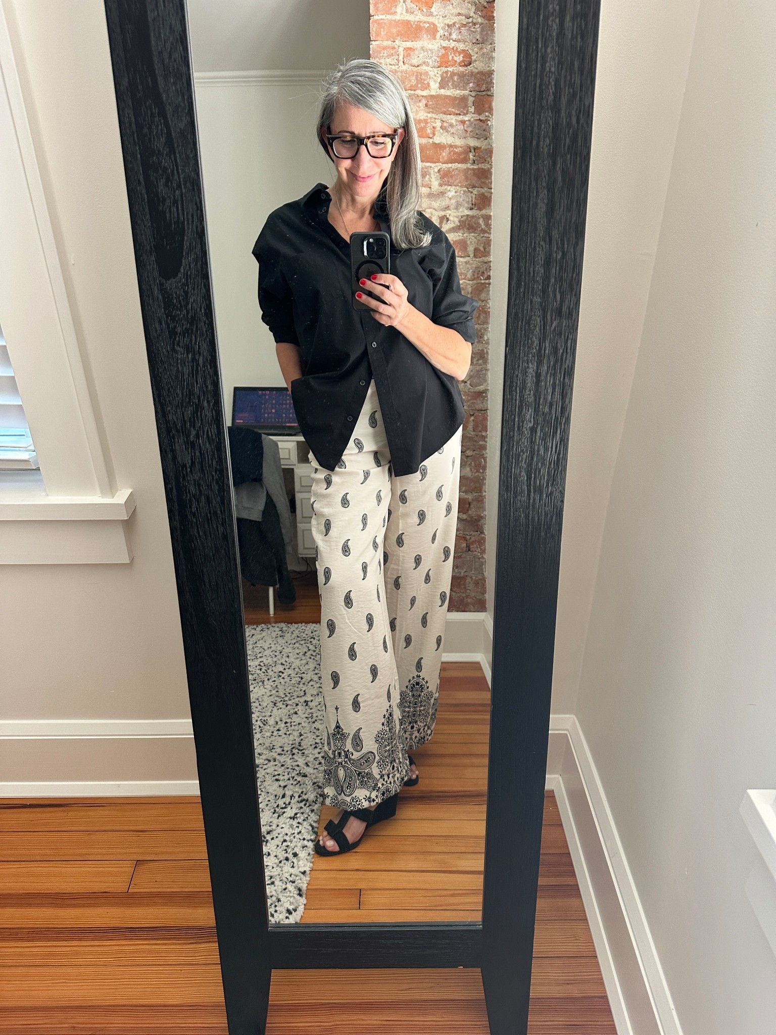 #ComfortableGirlSummer – dress up edition! If you’ve seen my recent post/stories we had a very special occasion in our family recently. It all kicked off with a small dinner for both families and I wanted to step it up a bit but keep things in tune with the setting (Brooklyn cool, natch). My go-to oversized button up in black came to the rescue – again – but this time paired with fun flowy pants and black heels. I was comfortable, felt great and was able to focus on the night. The shoes are very old J. Crew but I’ve linked some cute styles here!