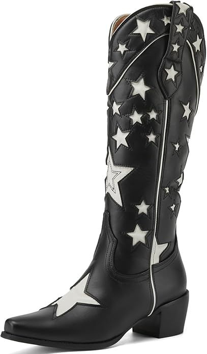 YIYA Women's Black and White Stars Cowboy Cowgirl Mid-Calf Boots Pointed Toe Chunky Low Heel Pull... | Amazon (US)