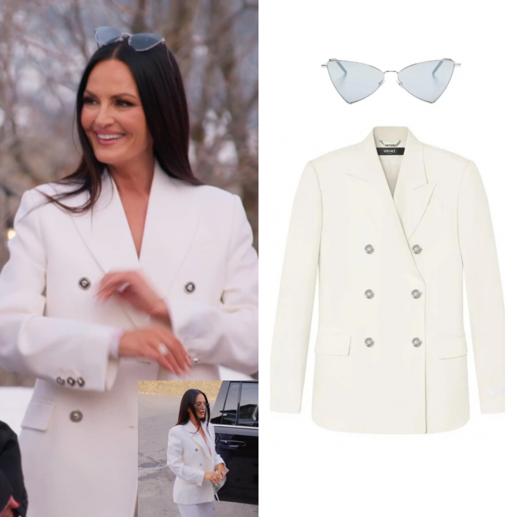 Lisa Barlow’s White Blazer and Blue Clear Sunglasses 
