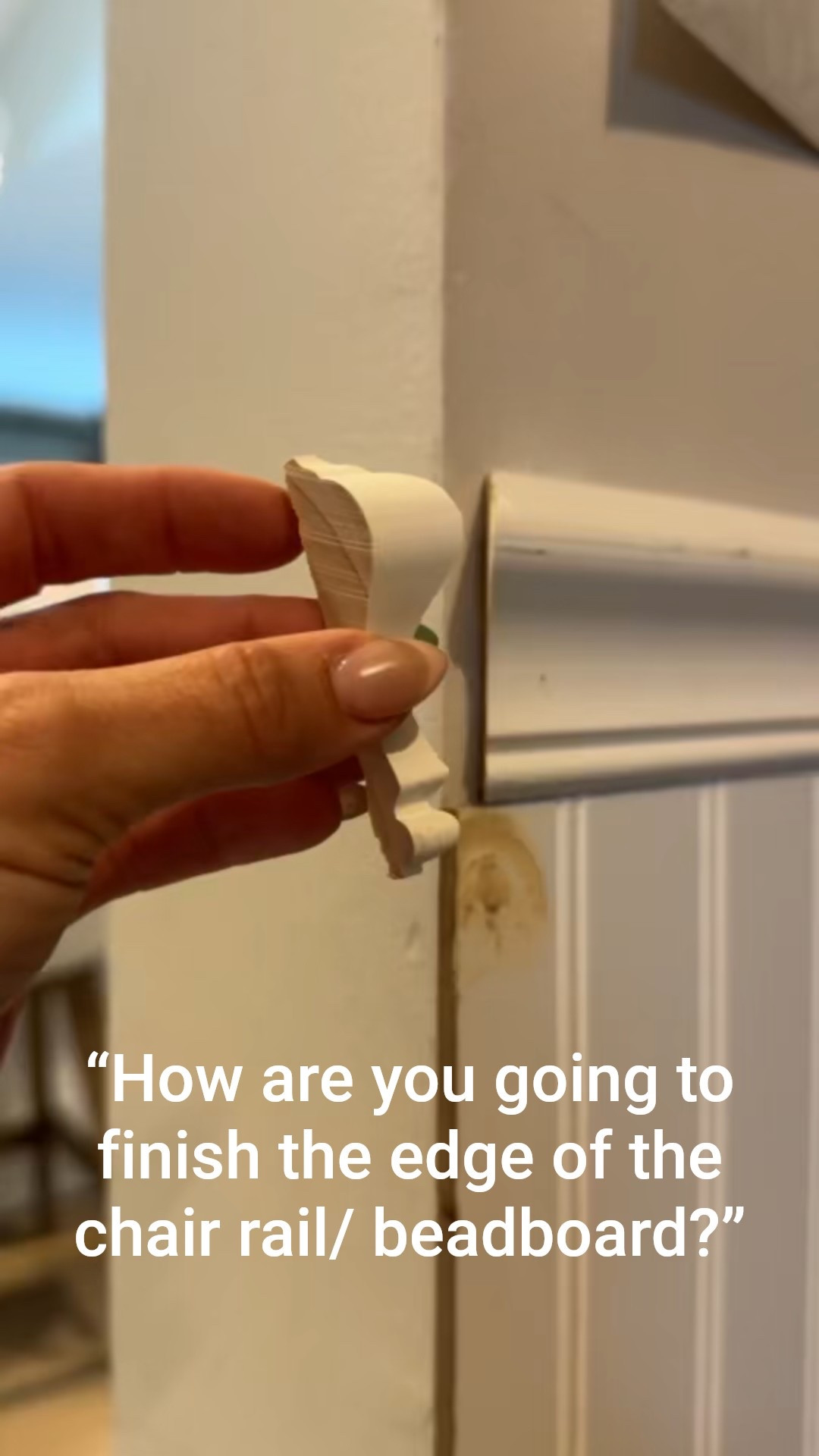 I used my miter saw to create a return to finish the edge of the chair rail and premixed joint compound to hide the edge of the beadboard! 

DIY Projects | Accent Wall | Mudroom

Come Stay Awhile, Amanda Vernaci