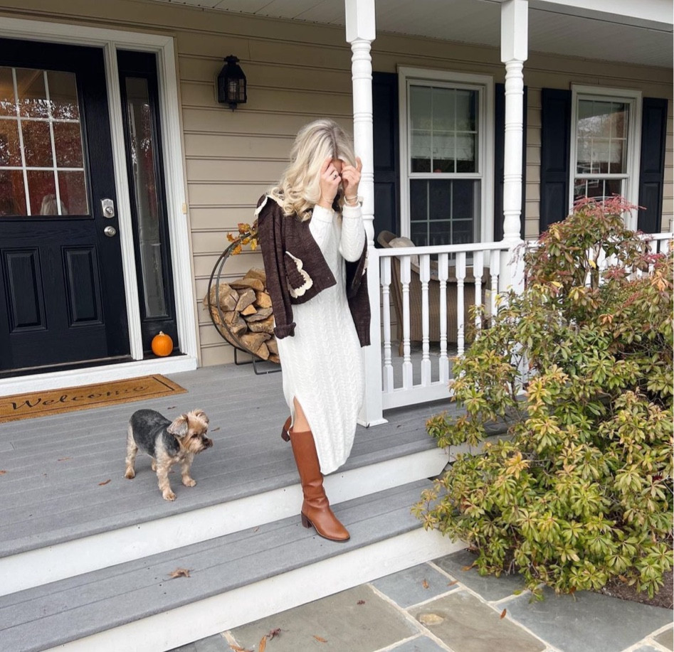🫶🏼🫶🏼 fall outfit. wore for thanksgiving — cardigan is on sale. only sweater I’ve bought this year because it’s just so special. 

boots & dress are sold out but linked similar

#LTKHoliday #LTKCyberWeek #LTKGiftGuide