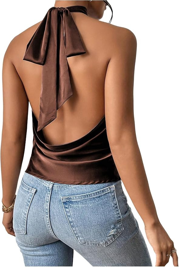 MakeMeChic Women's Satin Silk Backless Halter Tops High Neck Sleeveless Camisole Summer Classy Go... | Amazon (US)
