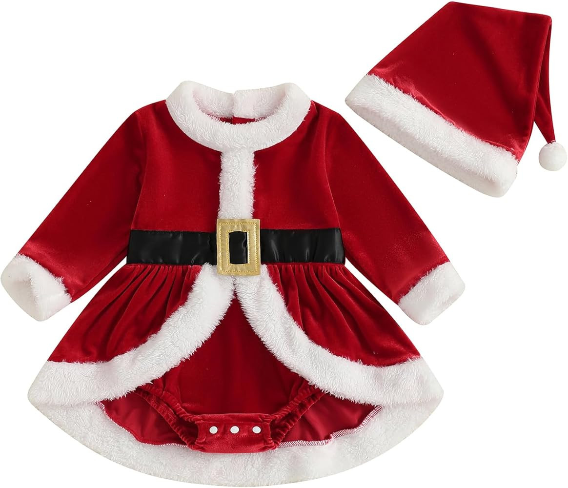 Infant Baby Girl Christmas Outfit Plush Long Sleeve Romper Dress Newborn 0 3 6 12 18 Months Girls... | Amazon (US)