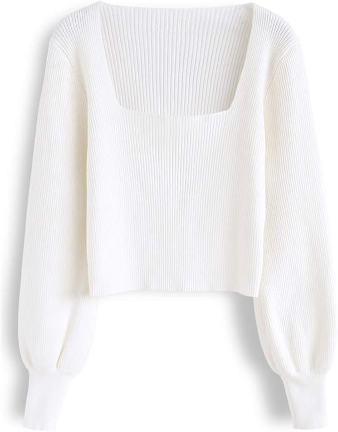 Chicwish Women's Square Neck White Crop Knit Top Sweater Pullover with Puff Sleeves | Amazon (US)
