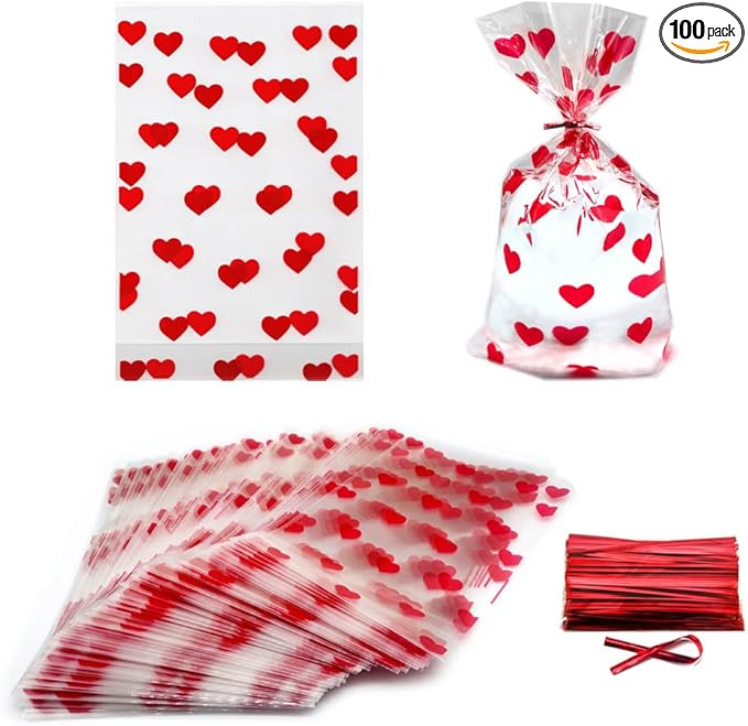 100 PCS Goodie Bags - Red Heart Cellophane Gift Bags With Twist Tie - Valentine Candy Cookie Wrap... | Amazon (US)