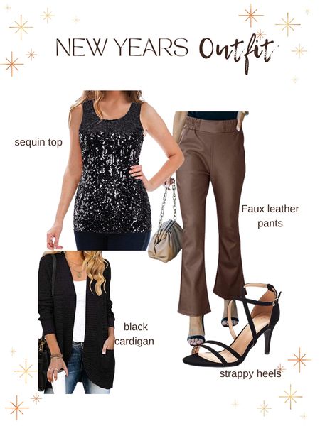 NYE outfit idea:

Faux leather pants 
Sequin top
Cardigan 
 heels 

#LTKcurves #LTKHoliday #LTKshoecrush
