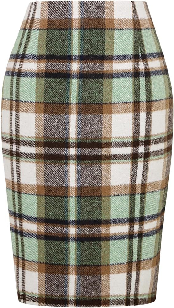 IDEALSANXUN Midi Plaid Skirts for Women 2023 Fall Winter Knee Length Pencil Wool Skirt with Slit | Amazon (US)