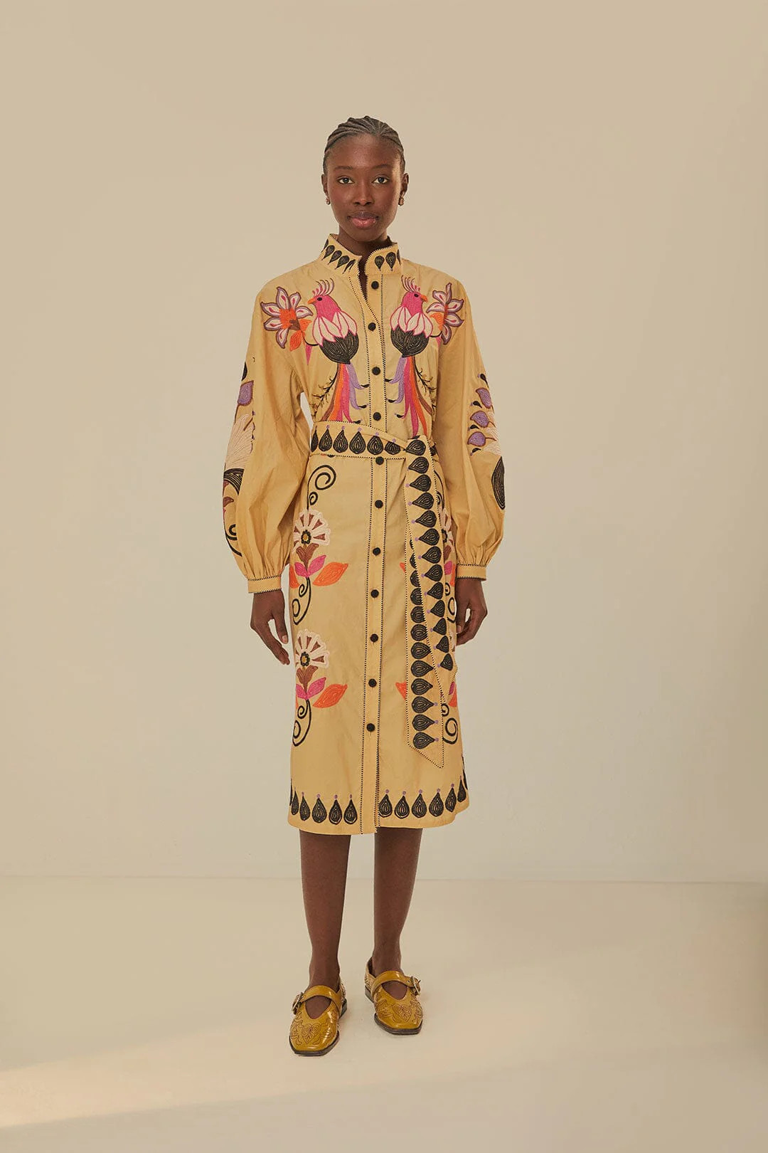 Khaki Flower Bird Embroidered Midi Dress | FarmRio (US)