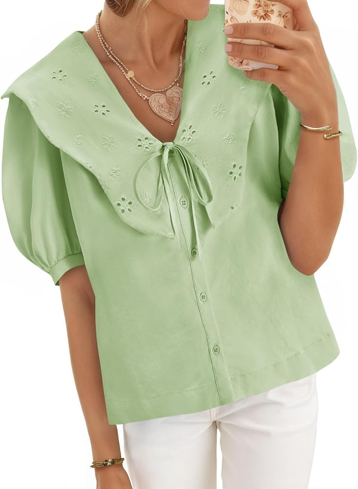 Cicy Bell Womens Peter Pan Collar Button Down Shirts Puff Short Sleeve Summer Casual Eyelet Tops ... | Amazon (US)