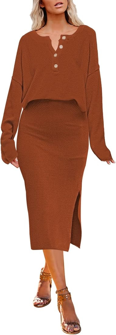 Linsery Women 2 Piece Outfits Long Sleeve Crop Top Bodycon Midi Skirt Sweater Dress Sets | Amazon (US)