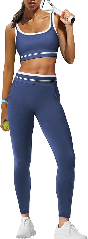 Panadila Womens Yoga Set 2 Piece Outfits Striped Workout Set Gym Matching Sports Bra and High Wai... | Amazon (US)