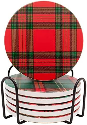 Christmas Plaid Coasters for Drinks with Holder,Set of 6 Absorbent Ceramic Coaster , Drink Coaste... | Amazon (US)
