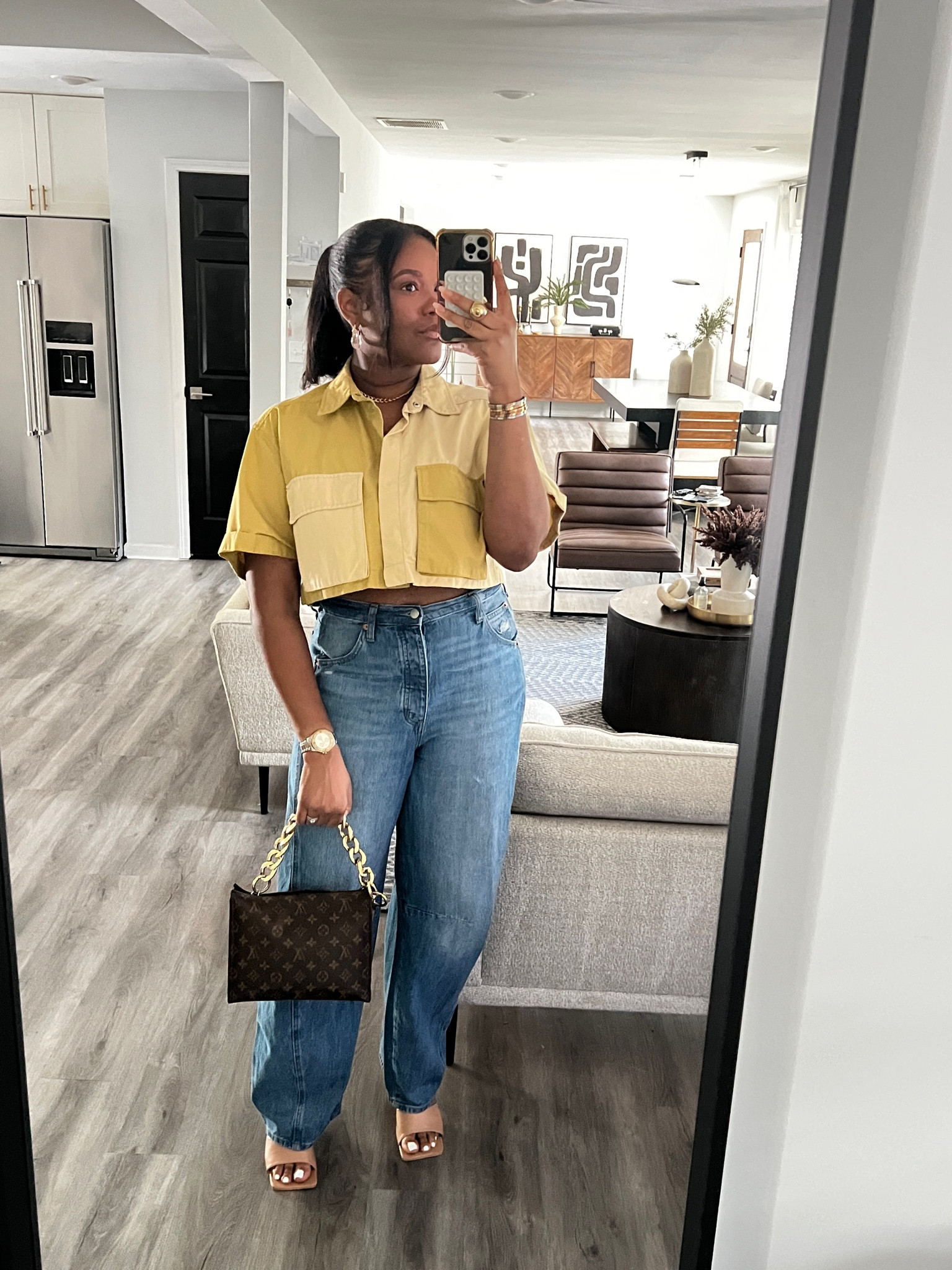 Absolutely loved this date night outfit! These target barrel jeans are too good (if you catch me in them 3x a week mind your business 🫢). I paired the jeans with a cropped utility jacket, nude heel, and gold accessories  

#LTKFindsUnder100 #LTKMidsize #LTKxTarget