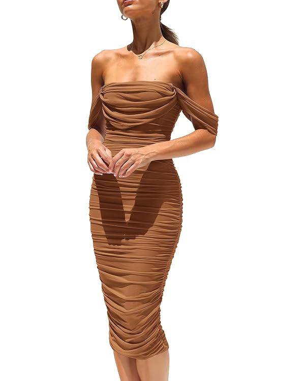 PRETTYGARDEN Wedding Guest Dress 2025 Summer Off Shoulder Ruched Elegant Sexy Bodycon Homecoming ... | Amazon (US)