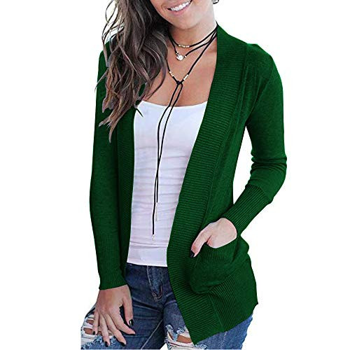 VOIANLIMO Women Open Front Casual Long Sleeve Knit Lightweight Soft Classic Green Cardigans Sweaters with Pockets L Size | Amazon (US)