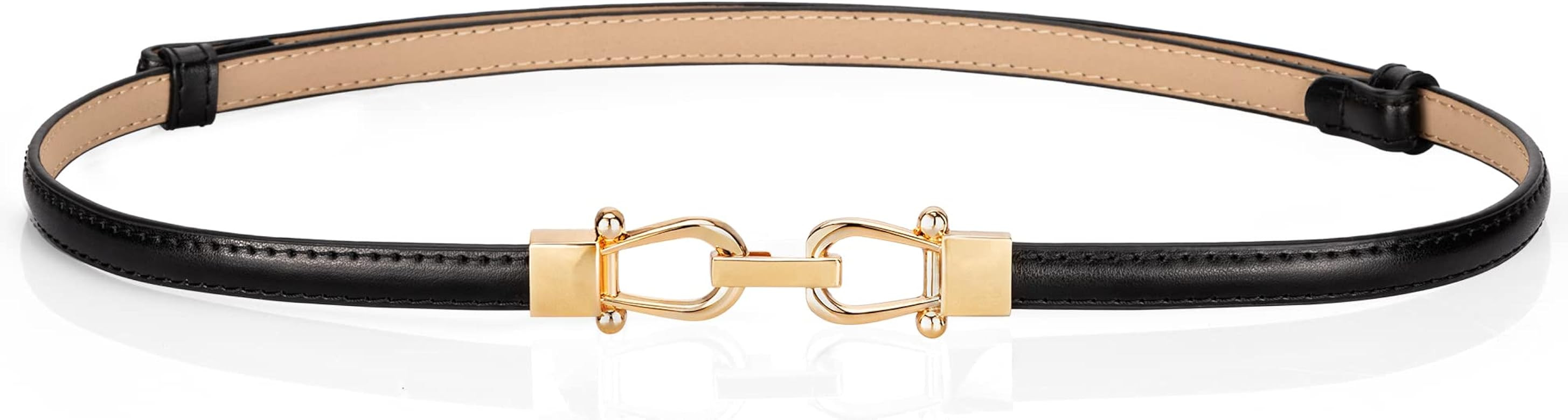 macoking Womens Thin Belt Leather Skinny Belts for Dresses with Gold Buckle | Amazon (US)