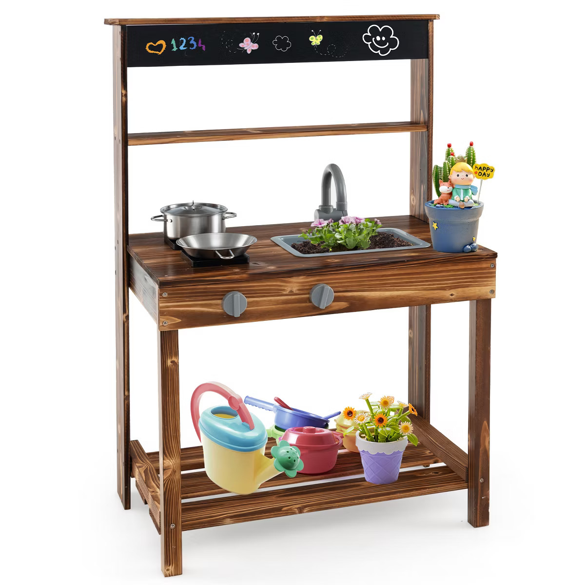 Costway Kids Mud Kitchen Play Kitchen with Blackboard, Stoves, Removable Sink Natural | Target