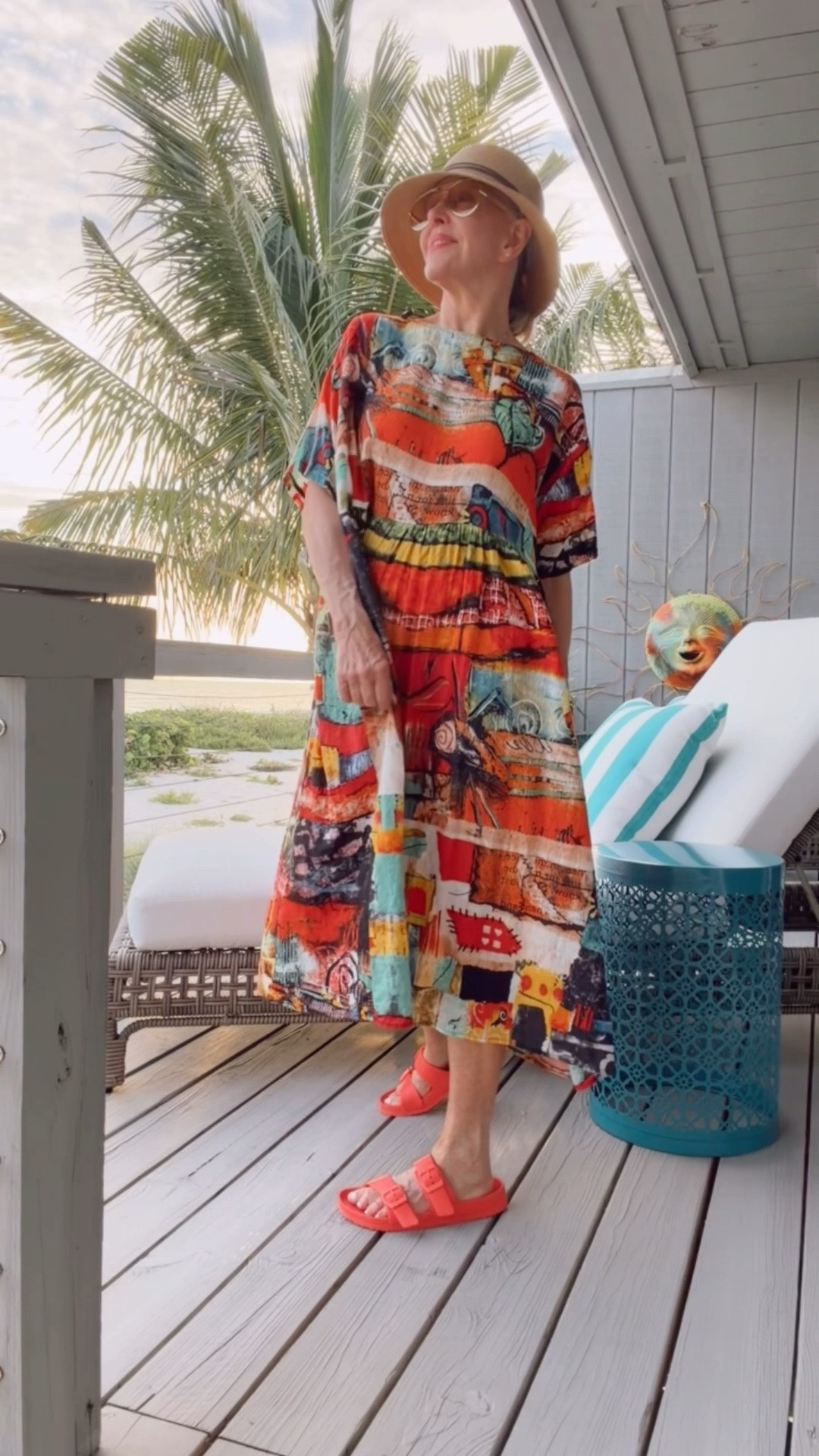 Boho Maxi Dress with Half Sleeves Scoop Neck Bohemian Print for Summer dress or Beachwear
Orange rubber slides
Raffia hat
Large gold aviator sunglasses 
Setan chaise lounges 
Turquoise metal side table
Set of 3 heavy duty non corrosive metal that can hold up to 242 lbs They have many uses

#LTKOver40 #LTKootd #LTKHome